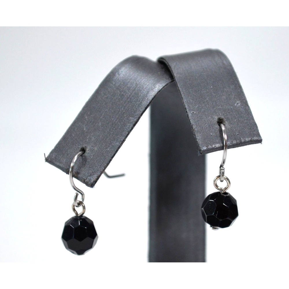 Vintage Silver Tone‎ Pierced Hook Small Black Faceted Bead .75"